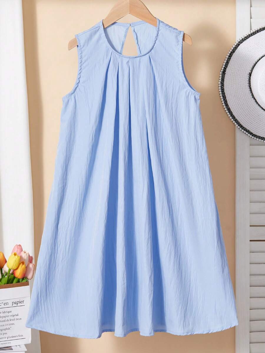 Vestido minimalista de unicolor para niñas, adecuado para uso diario y actividades al aire libre, de verano - Azul - Ver 1