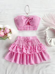 Soleia Bộ 2 món trang phục thường ngày mùa hè cho nữ: Áo xoắn bandeau và chân váy nhún bèo, họa tiết kẻ caro xanh trắng, thích hợp cho ngày lễ Bộ váy gingham màu hồng Bộ váy mùa hè Bộ váy hồng Trang phục đi nghỉ Bộ váy cho nữ - Nhiều màu - Xem 3