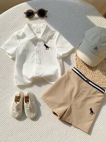 SHEIN 两件套男婴马图案翻领短袖开衫上衣和松紧腰短裤 - 彩色 - 查看 3