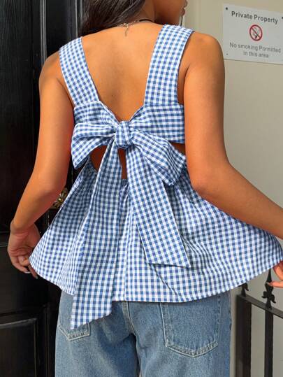SHEIN EZwear Plus Size Women Plaid Super Large Bow Strap Camisole Top, Summer Gingham Top Bow Back Top Tie Back Top Blue And White Gingham Top Checkered Top