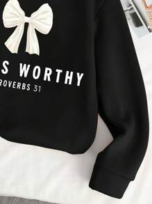 SHEIN Tween Girl Casual Round Neck Long Sleeve Bow Print Sweatshirt - Black - View 4