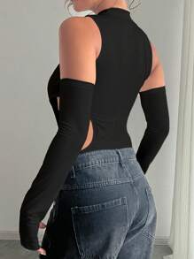 INAWLY Solid Cut Out Bodysuit With Arm Sleeves Fall Cloth For Women - Black - View 2