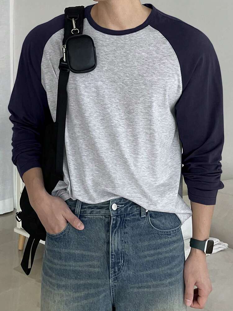 Men's Crew Neck Casual Contrast Color Splice Raglan Sleeve T-Shirt,Fall Long Sleeve Men Shirt