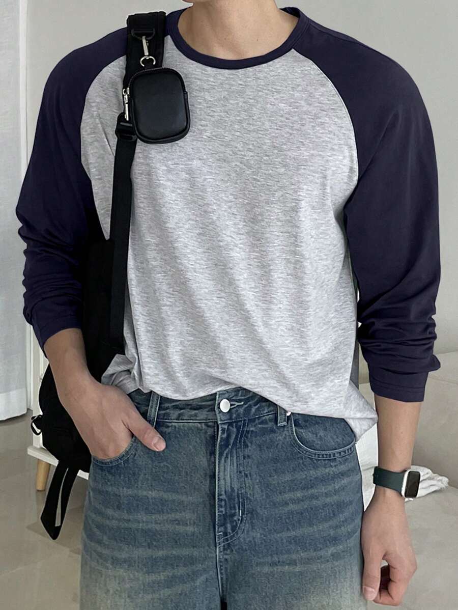 DAZY Men's Crew Neck Casual Contrast Color Splice Raglan Sleeve T-Shirt,Fall Long Sleeve Men Shirt - Navy Blue - View 1