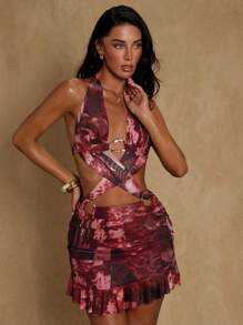 Glamine Summer Pink Leopard Print 70s Mini Dress Women, Textured Metal Decor Bandage Retro Streetwear,Distressed Vintage Night Out Party Vacation - Multicolor - View 7