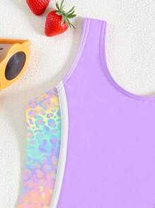 时尚女童拼接彩色豹纹运动连体泳衣套装适合海滩度假冲浪