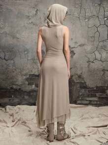 ROMWE Grunge Punk 修身女式长裙，带连帽网眼，不对称下摆，后世界末日荒原风格 - 杏色 - 查看 3