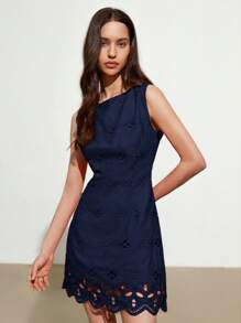 GENKIRA Hollow Embroidery Slim Fit Solid Sleeveless Elegant Dress For Women - Navy Blue - View 6