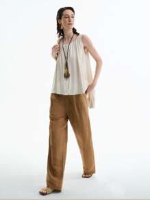 Aalyst Blusa informal de verano sin mangas con diseño de botones y pliegues, de unicolor - Caqui - Ver 5