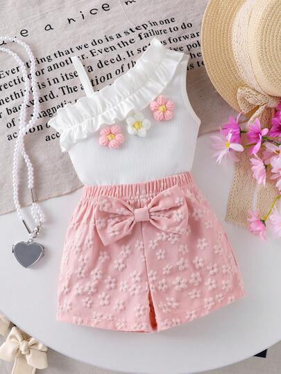 Baby Girls Cute Stylish Asymmetrical Shoulder Floral Decor Top With Pair Of Pink Bow Elastic Waist Shorts Set, Summer-Autumn Baby Girl Clothes Baby Girl Summer Clothes Baby Girl Shorts Set Toddler Girl Summer Outfit 2 Piece Baby Girl Set