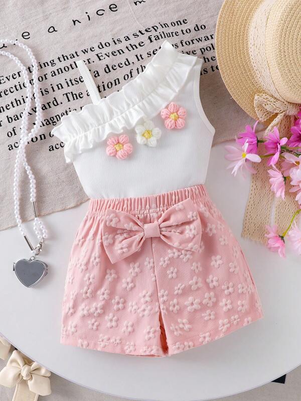 Baby Girls Cute Stylish Asymmetrical Shoulder Floral Decor Top With Pair Of Pink Bow Elastic Waist Shorts Set, Summer-Autumn Baby Girl Clothes Baby Girl Summer Clothes Baby Girl Shorts Set Toddler Girl Summer Outfit 2 Piece Baby Girl Set