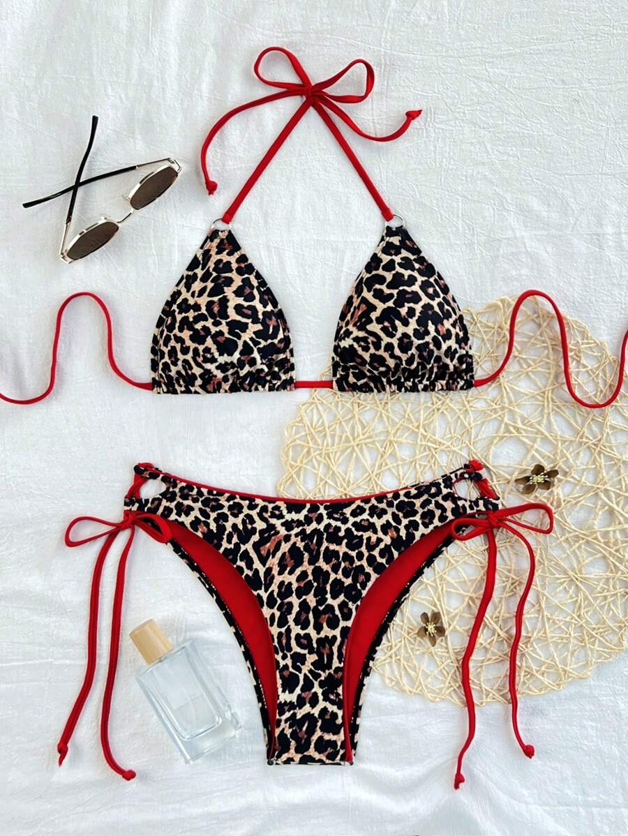 Swim SXY 2pcs Women Summer Beach Leopard Print Halter Tie Sexy Bikini Set, Printed Patterns Assorted - Multicolor - View 1