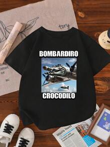 SHEIN Young Boy Casual Fashion Comfortable Minimalist Letter Cartoon Airplane & Crocodile Graphic Short Sleeve Round Neck T-Shirt Top, Summer