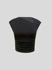 SHEIN Essnce 女士纯色短袖修身不对称领口 T 恤 - 黑色 - 查看 3