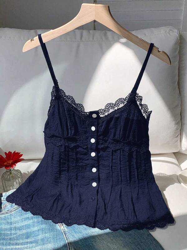 Comfortcana Women's Navy Blue Lace Patchwork Button Design Summer Tank Top