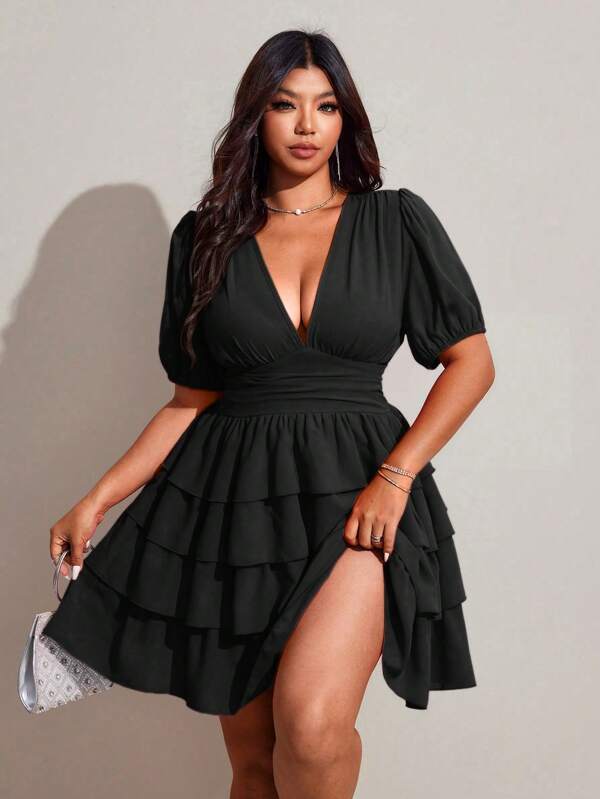 Viva Relle Plus Size Women's Elegant Solid Color V-Neck Puff Sleeve Layered Ruffle Hem Vacation Beach Date Party Music Festival Spring/Summer New Versatile Design Crop Dress