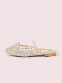 CUCCOO DOLLMOD Fashionable Women's Fully Rhinestone Mesh Bow Mary Jane Ballet Flats, Elegant Comfortable Cute Slip-On Loafers - Beige - View 6