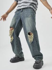 Manfinity EMRG 男士休闲水洗做旧直筒牛仔裤 - 淺色水洗藍 - 查看 1