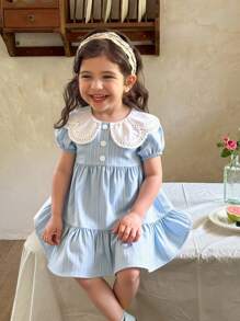 SHEIN LMoss Kids Babygirl 甜美夏季蓝色条纹宽松彼得潘领短袖连衣裙 - 藍色 - 查看 1