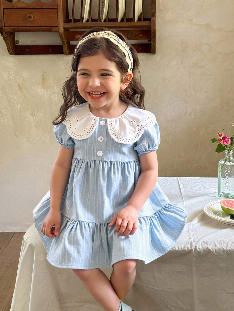 SHEIN LMoss Kids Babygirl 甜美夏季蓝色条纹宽松彼得潘领短袖连衣裙 - 藍色 - 查看 1
