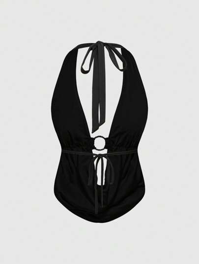 Heavily Embroidered Sequin Beachwear Backless Draped Neck Women's Tank Top