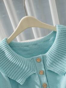 Franclia Suéter de punto con botones decorativos de unicolor, versátil y casual para otoño e invierno - Azul - Ver 5