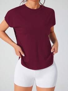 Easithlete Easithlete 女式拼接几何网眼圆领短袖运动T恤健身衫 - 酒紅色 - 查看 4