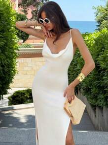 Aloruh Women's Solid Color Draped Neck Side Slit Hemline Sleeveless Knit Dress - Apricot - View 5