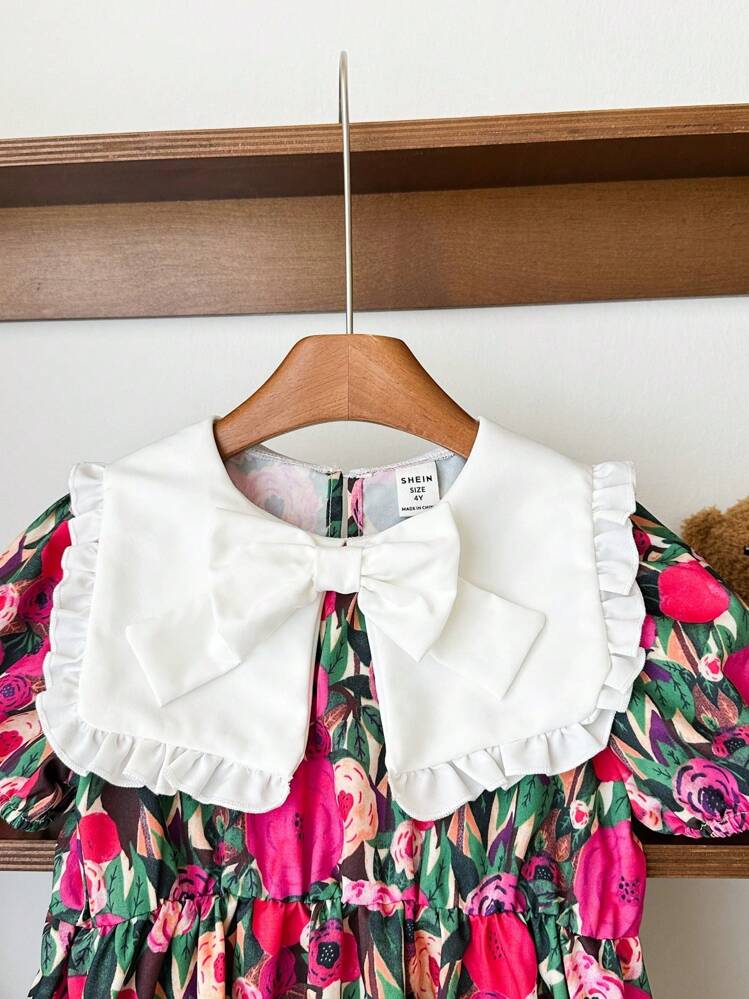 LMoss Kids 年轻女孩时尚编织碎花拼色泡泡领紧身连衣裙 - 玫紅色 - 查看 6