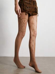 ROMWE Grunge Punk 1 双复古不对称星星和花朵镂空渔网袜，独特设计灰色连裤袜，超薄弹性透视紧身裤 - 棕色 - 查看 1