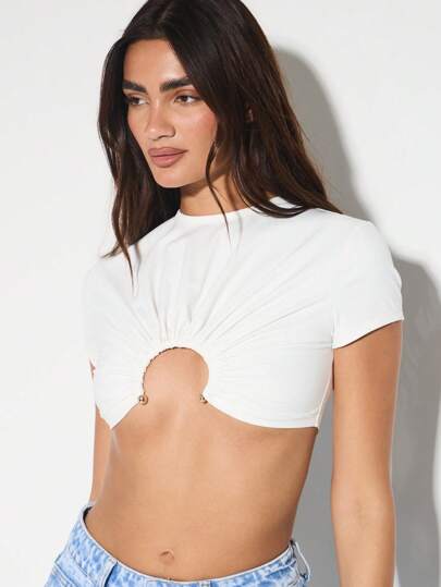 KIZN 螺旋剪裁设计短款 T 恤节日舞蹈俱乐部派对短款上衣简约 Y2K 时尚街头服饰夏季