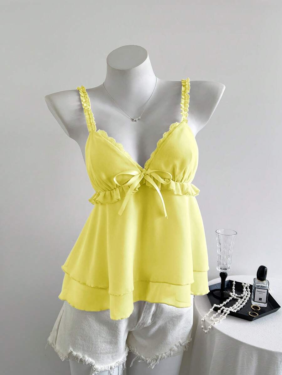 SHEIN Unity Camisola con escote en V de gasa con volantes en capas y patchwork elegante - Amarillo - Ver 1