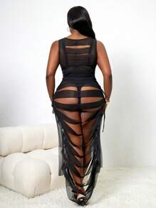 Slaydiva Robe de cache-maillot sexy de couleur unie à col rond et sans manches, avec découpes, pour femmes grande taille