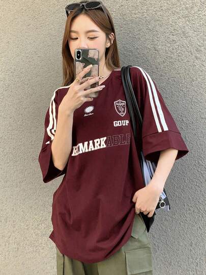 DAZY Women Letter & Striped Raglan Sleeve Casual Loose T-Shirt, Summer