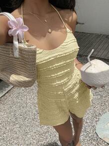 SHEIN Unity Women's Multi-Layer Ruffle Textured Lace Knit Fabric Cute Cinched Waist Backless Tie-Up Sexy Romper Outfit - Yellow - View 3