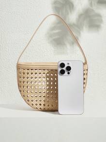 SHECARRY 女士时尚优雅百搭简约夏季镂空藤条手提包 - 杏色 - 查看 4