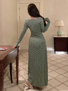 DAZY 碎花修身长款V领褶皱设计睡裙，秋冬款 - 綠色 - 查看 2