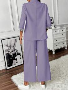 SHEIN Clasi 女士条纹斑驳翻领夹克和裤子休闲套装 - 紫色 - 查看 2