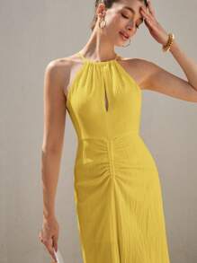 Aveloria Rosie 2025 Spring/Summer White Textured Elegant Sensual Spaghetti Strap Hollow-Out Ruched Waist Vacation Sleeveless Dress