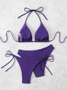 Swim Basics 3 件套女士纯色吊带系带性感比基尼泳装套装，夏季海滩 - 紫色 - 查看 2
