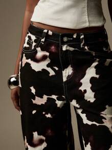 MISSGUIDED Quần Jeans In Hình Con Bò Thời Trang Y2K Ống Rộng Phong Cách Phương Tây Lễ Hội Quần Thu Đông Bộ Sưu Tập - Đen và trắng - Xem 5