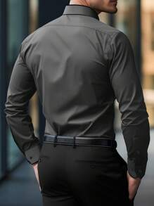 Manfinity Mode 男士简约纯色长袖商务休闲衬衫 - 深灰色 - 查看 2