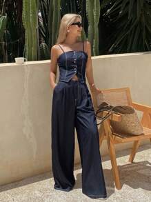 DAZY 2 件女式夏季撞色缝线开襟牛仔吊带背心和宽松休闲裤套装，度假风格轻便休闲牛仔套装