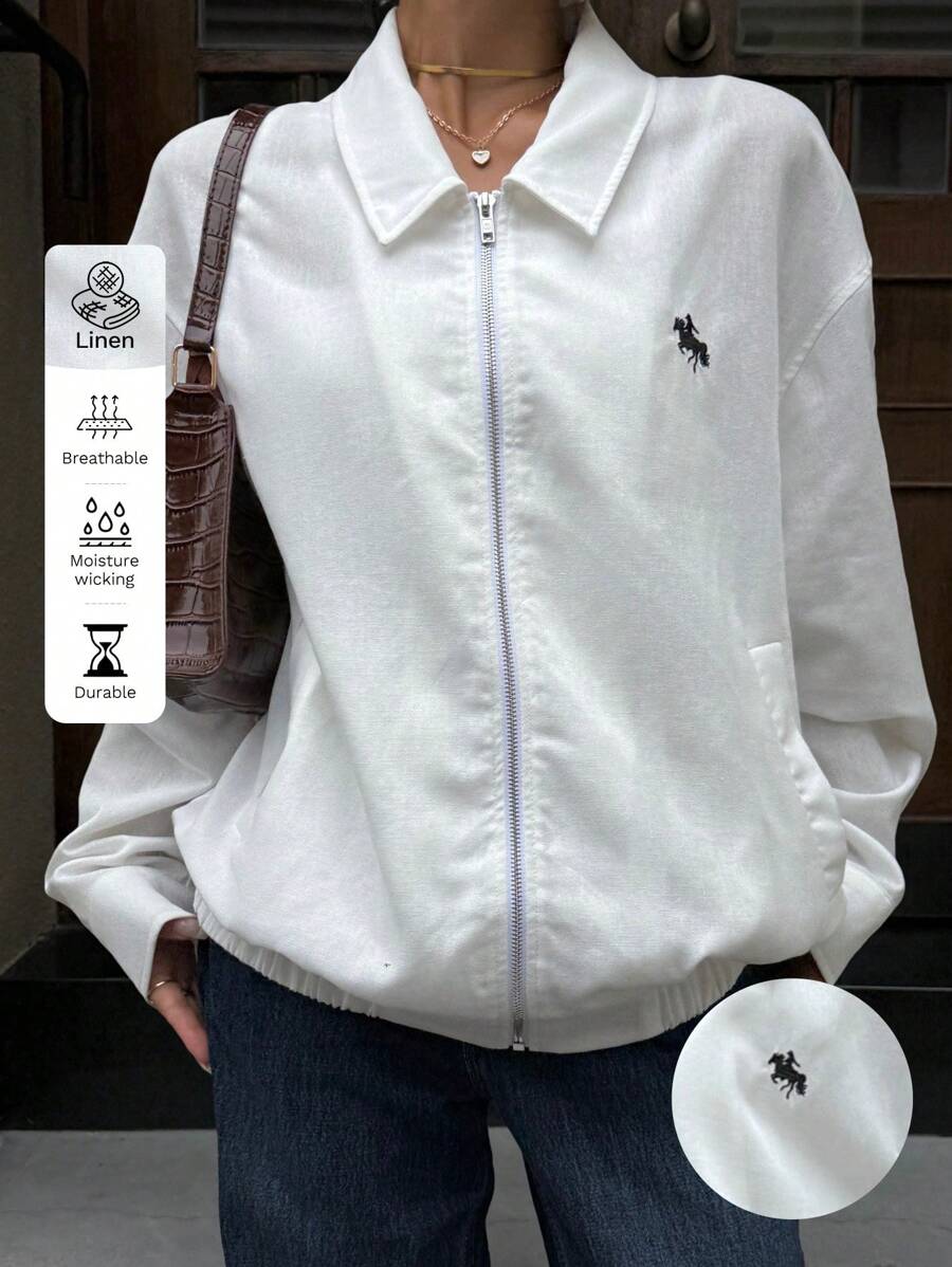 Muchica Fall Women Clothes Stockholm Style Airport For Women Casual Drop Shoulder Zip Up Linen Jacket Women - White - View 1
