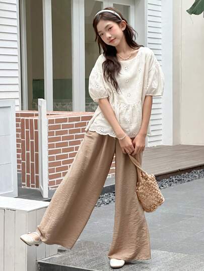 Dazy Kids Teen Girl Girl Crew Neck Woven Short Sleeve Shirt And Long Pants Set, Summer