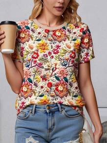 SHEIN LUNE Maglietta casual da donna a manica corta con grafica 3D, aderente, lavorazione speciale, adatta per primavera/estate - Multicolore - Visualizzare 3