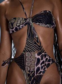 Musera Resort Costume da bagno intero con scollo ad aletta e cut-out, stampato con perline, sexy per l'estate, festival, vacanze a Ibiza, rave, boho, coprispalle da spiaggia per le vacanze