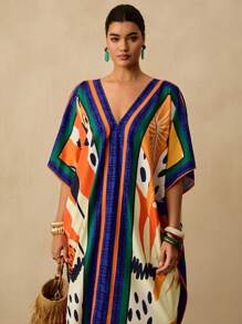 Travachic 大码女式度假全印花V领蝙蝠袖宽松休闲连衣裙 - 彩色 - 查看 4