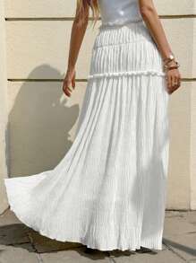 Siren Gaze Falda plisada de unicolor con volantes en el dobladillo, informal para vacaciones