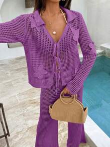SHEIN Completo estivo da donna in due pezzi, abito da spiaggia in cotone bianco lavorato a uncinetto, stile boho, da indossare in vacanza o in resort